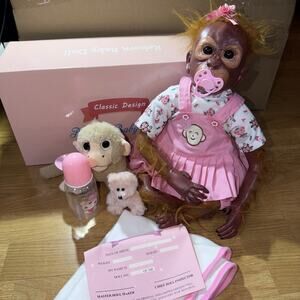 20" Reborn Baby Doll Monkey Real Hair Accessories Bear Bottle Paci Birth Certif